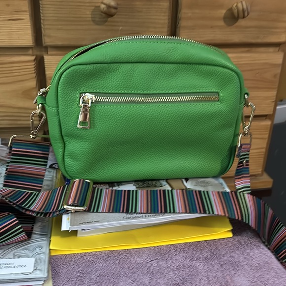 Vibrant Green Crossbody Bag with Striped Strap - Picture 3 of 3